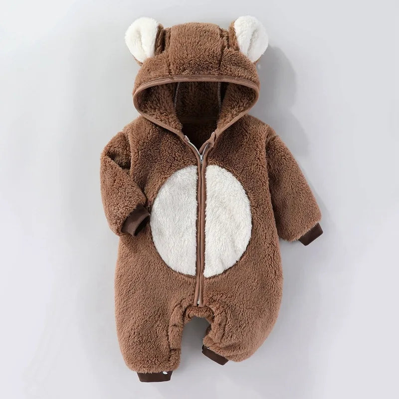 Baby Jumpsuit Autumn Winter Thick Warm Long Sleeves Fleece Bodysuit For Newborn Girl Hooded Cartoon Infant Boy Outerwear Romper