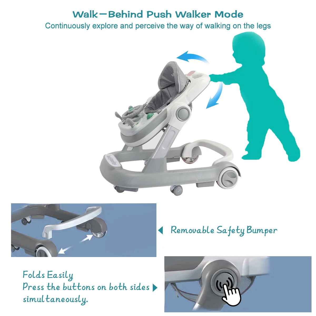 UBRAVOO Push Walker with Detachable Feeding and Music Trays, Foldable Learning Toy for Infants and Toddlers, 2 In 1 Walker