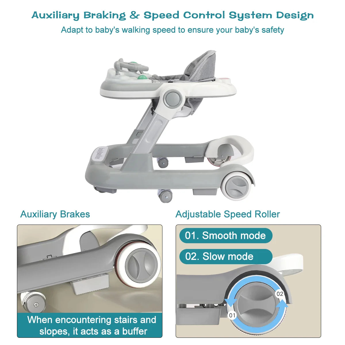 UBRAVOO Push Walker with Detachable Feeding and Music Trays, Foldable Learning Toy for Infants and Toddlers, 2 In 1 Walker