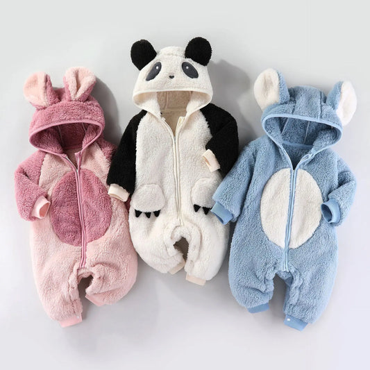 Baby Jumpsuit Autumn Winter Thick Warm Long Sleeves Fleece Bodysuit For Newborn Girl Hooded Cartoon Infant Boy Outerwear Romper